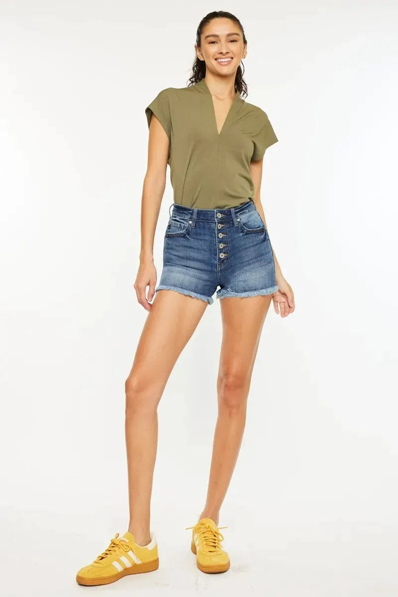 Kancan High Rise Frayed Hem Denim Shorts by Kancan