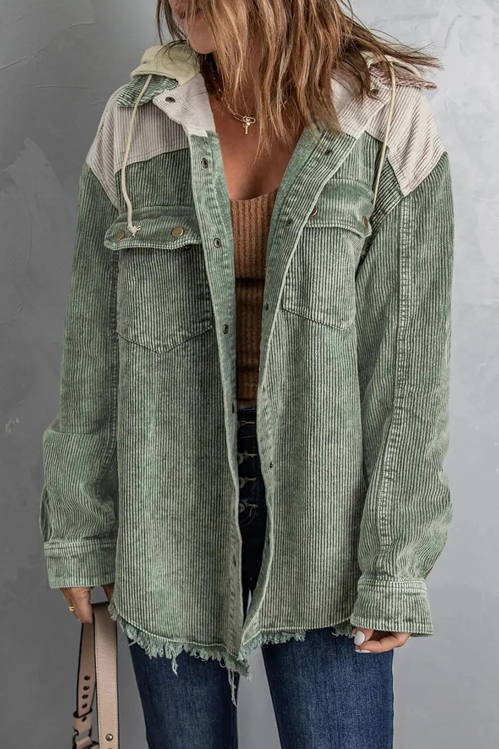 Snap Front Hooded Corduroy Shacket by Partner Label