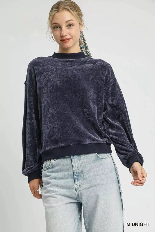 Umgee Velour Crewneck Balloon Sleeve Sweatshirt by Umgee