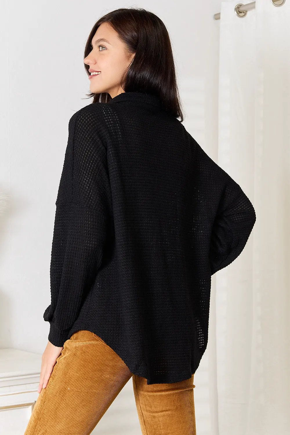 Double Take Waffle-Knit Collared Neck Dropped Shoulder Shirt by Double Take
