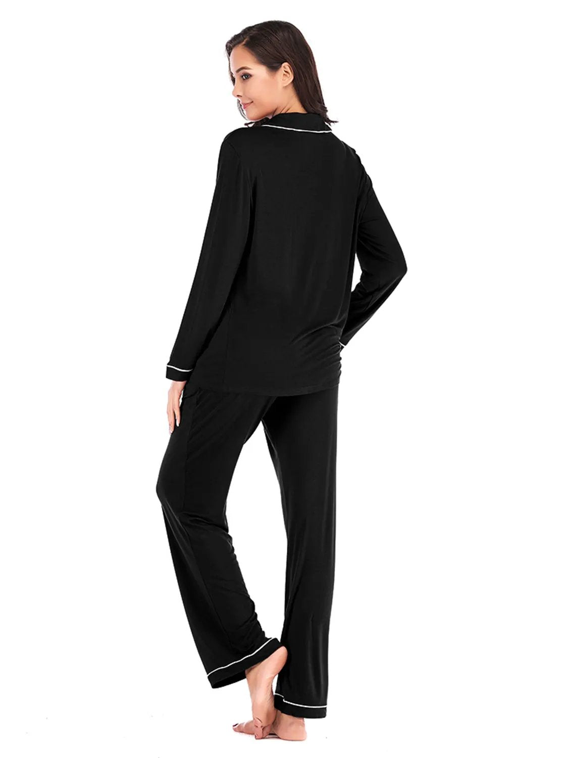 Collared Neck Long Sleeve Loungewear Set with Pockets by Partner Label