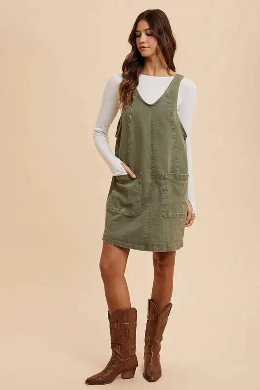 Annie Wear V-Neck Adjustable Strap Denim Overall Dress with Pockets by Partner Label