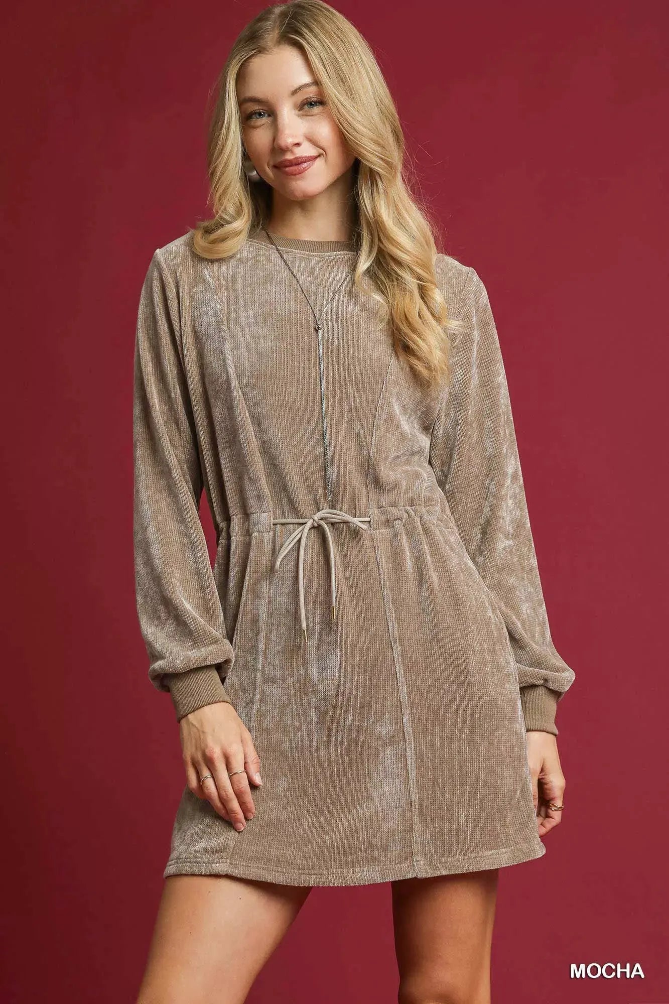 Umgee Velour Drawstring Mini Dress with Long Sleeves by Umgee
