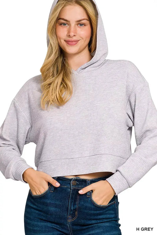 Zenana Drop Shoulder Ribbed Crop Hoodie by Zenana