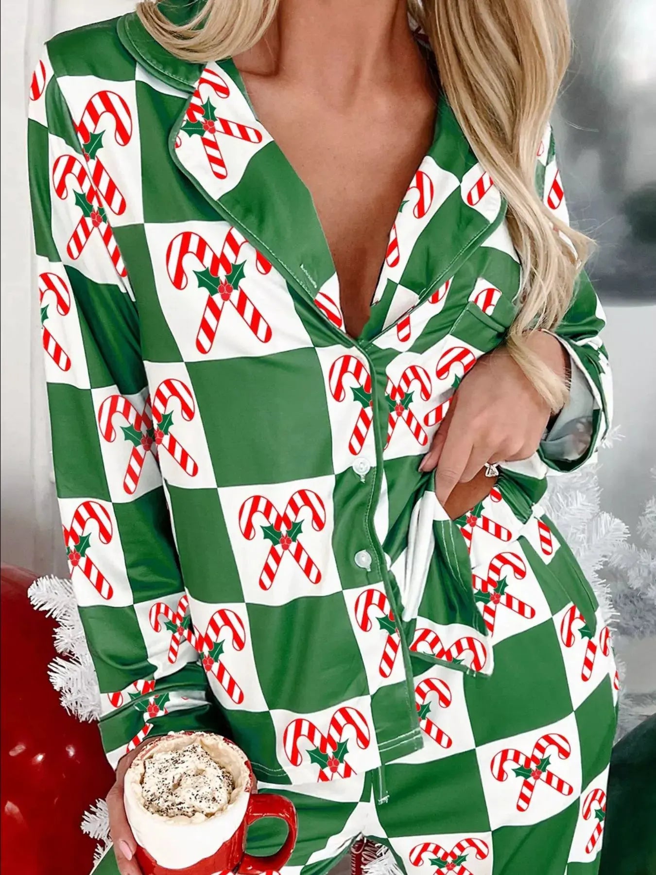 Candy Cane Checkered Pattern 2pcs Pajama Set by Partner Label