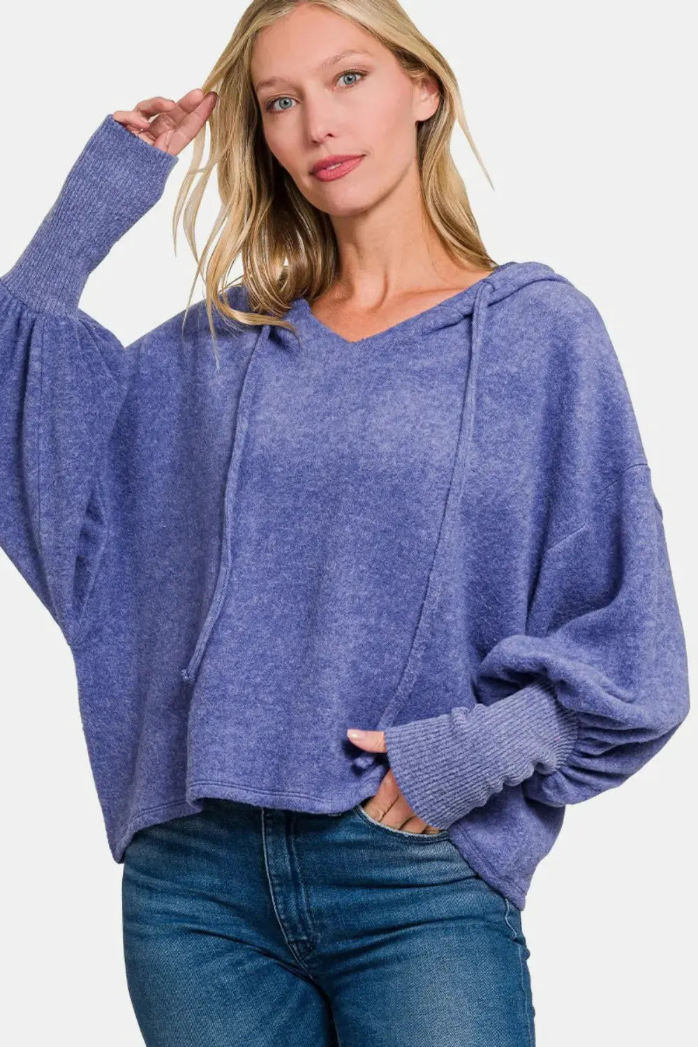 Zenana Brushed Hacci Drop Shoulder Cropped Hoodie by Zenana