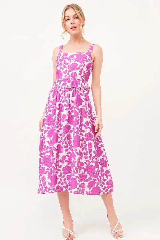 And The Why Square Neck Belted Floral Printed Midi Dress by And The Why