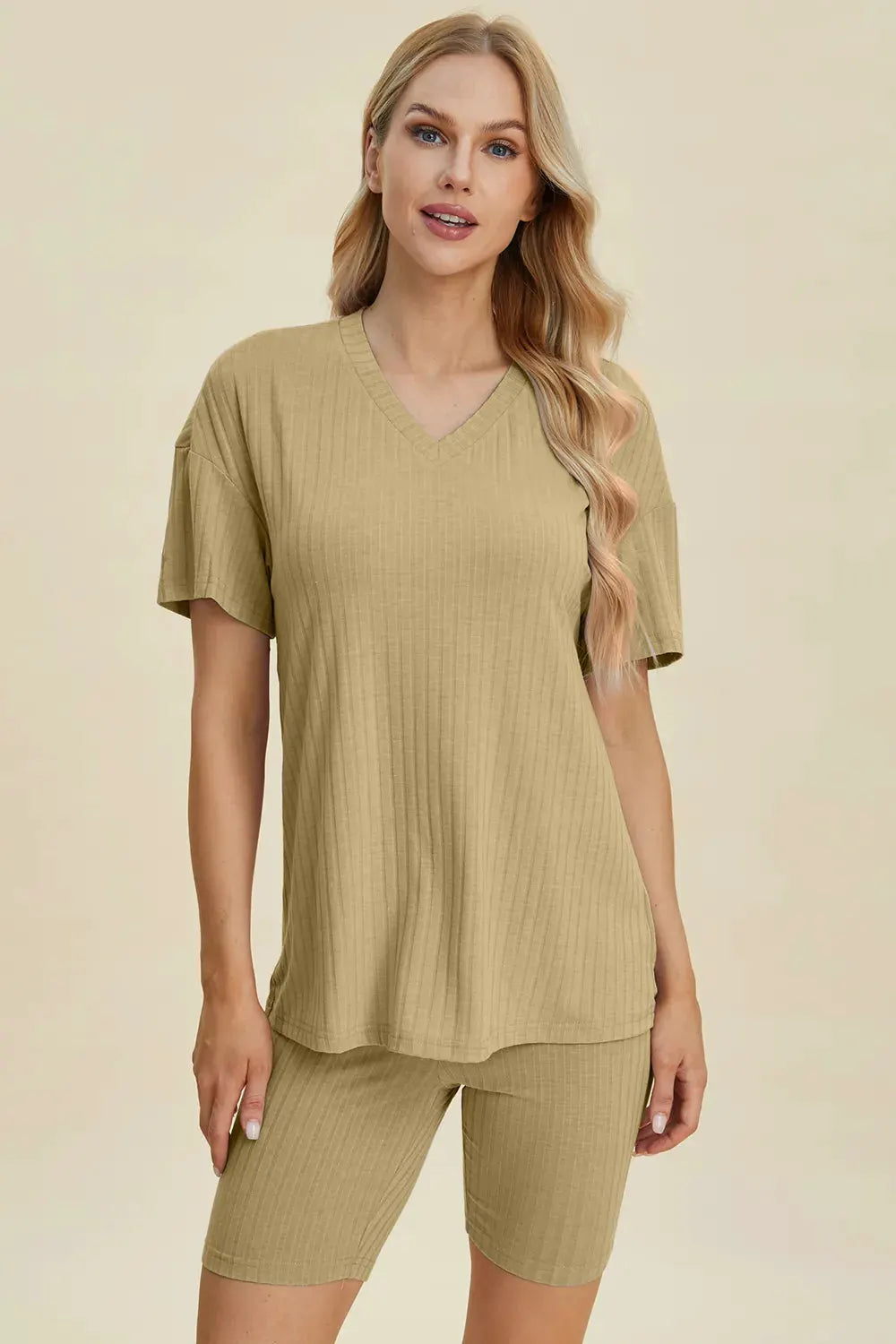 Basic Bae Full Size Ribbed V-Neck Short Sleeve Top and Shorts Set by Basic Bae