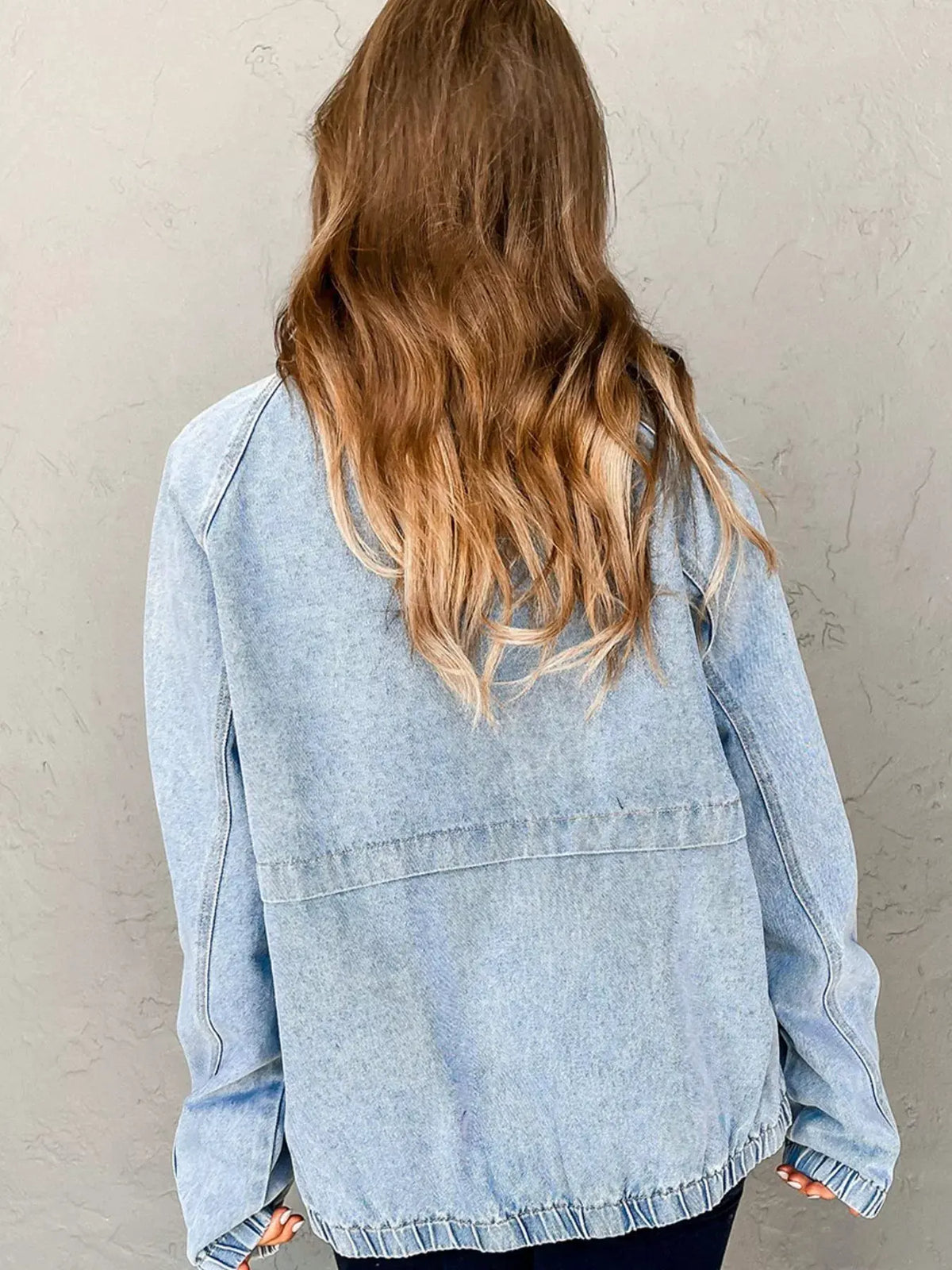 Elastic Edge Collared Zip Up Denim Jacket With Pocket by Partner Label