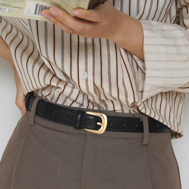 Classic Leather Belt with Golden Buckle by Trendsi