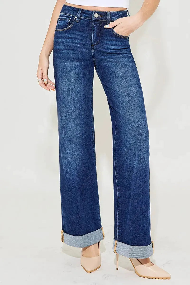RISEN Full Size Tummy Control High Rise Wide Leg Cuffed Jeans Plus Size by RISEN