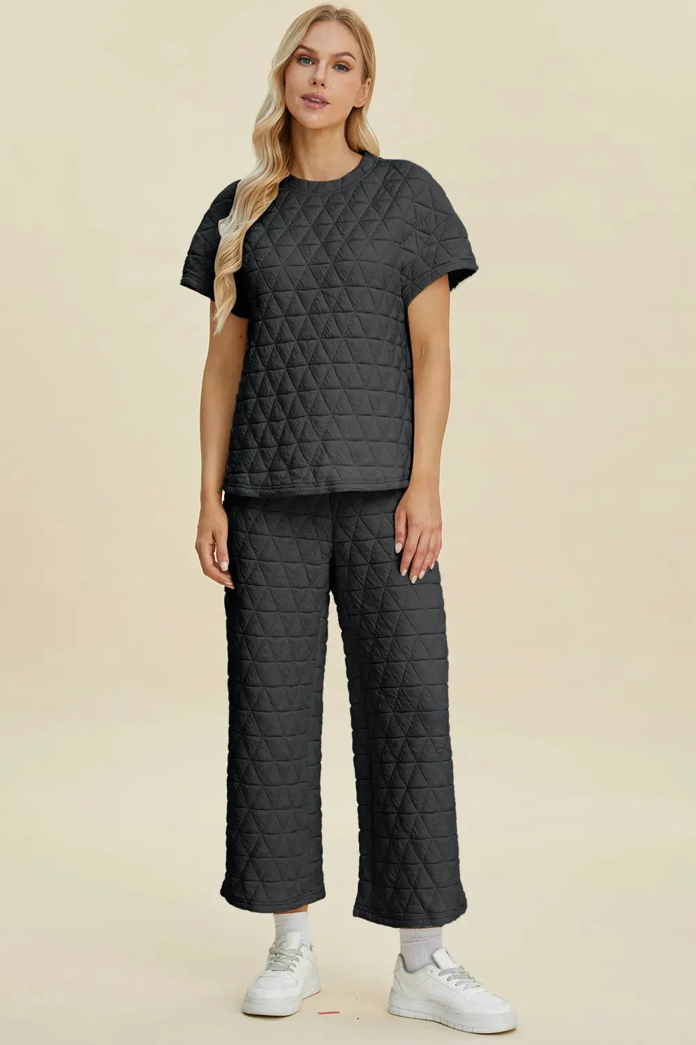 Double Take Full Size Texture Round Neck Short Sleeve Top and Pants Set by Double Take