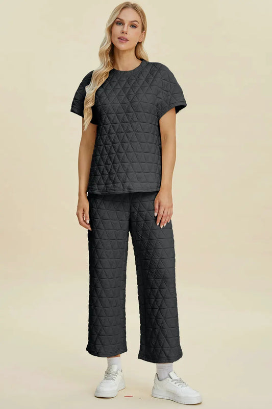 Double Take Full Size Texture Round Neck Short Sleeve Top and Pants Set by Double Take