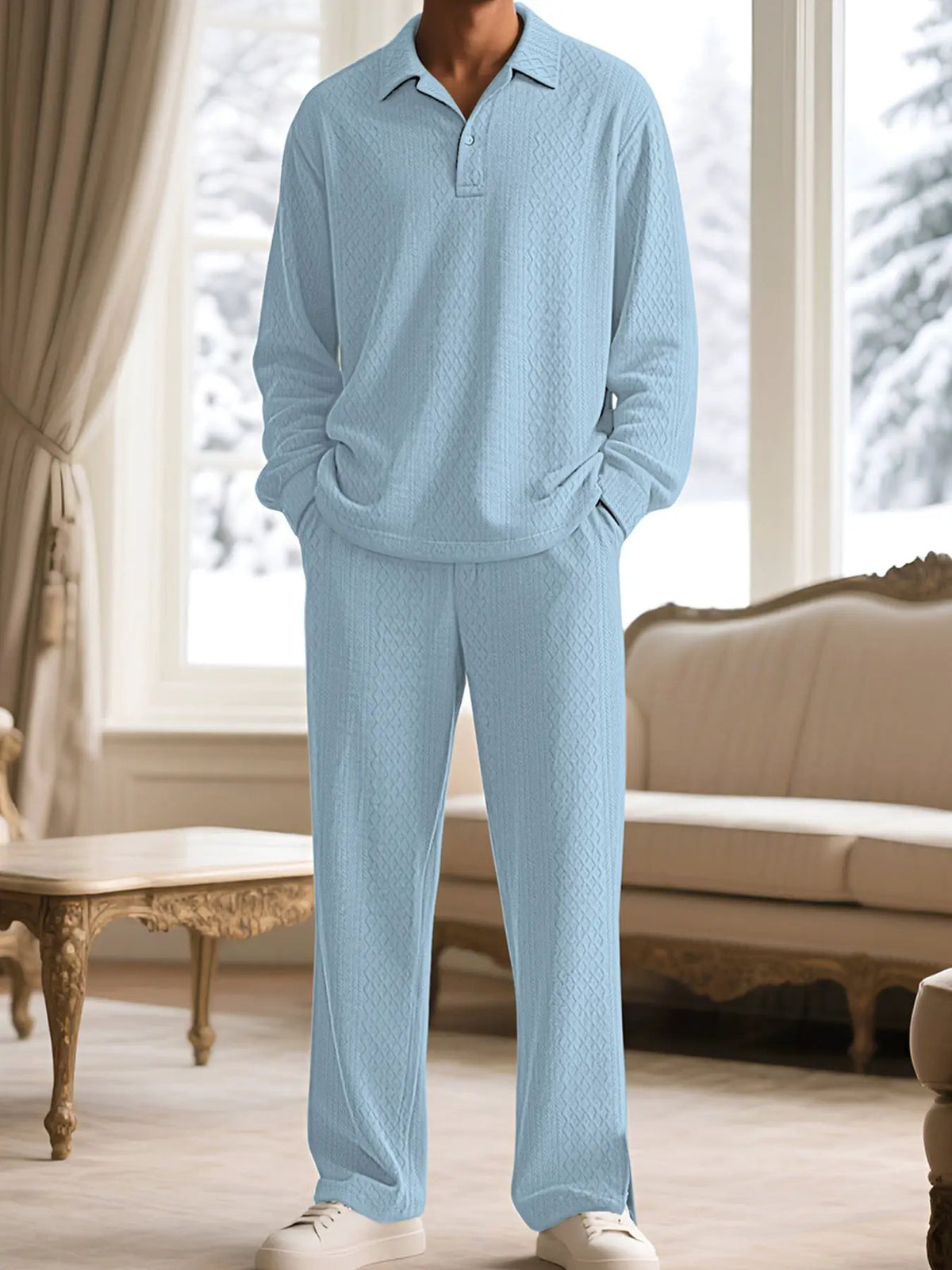 Men's Full Size Textured Long Sleeve Top and Pants Set Plus Size by Partner Label