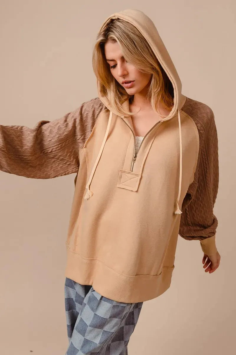 BiBi Half Zip French Terry Hoodie with Kint Sleeves by BiBi