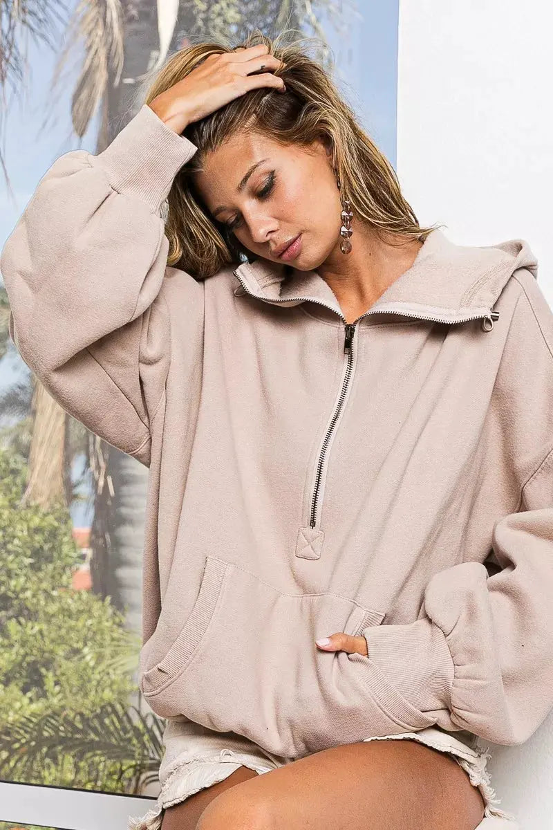 BiBi Stitch Detailed Elastic Hem Half Zip Fleece Hoodie by BiBi