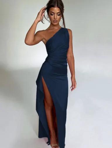 Sexy One-shoulder Backless Slit Dress Summer Elegant Slim-fit Solid Color Satin Dresses For Women by Maiden-Art