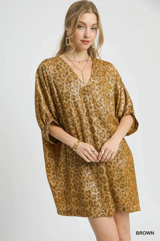Umgee Metallic Leopard Print V-Neck Kimono Dress by Umgee