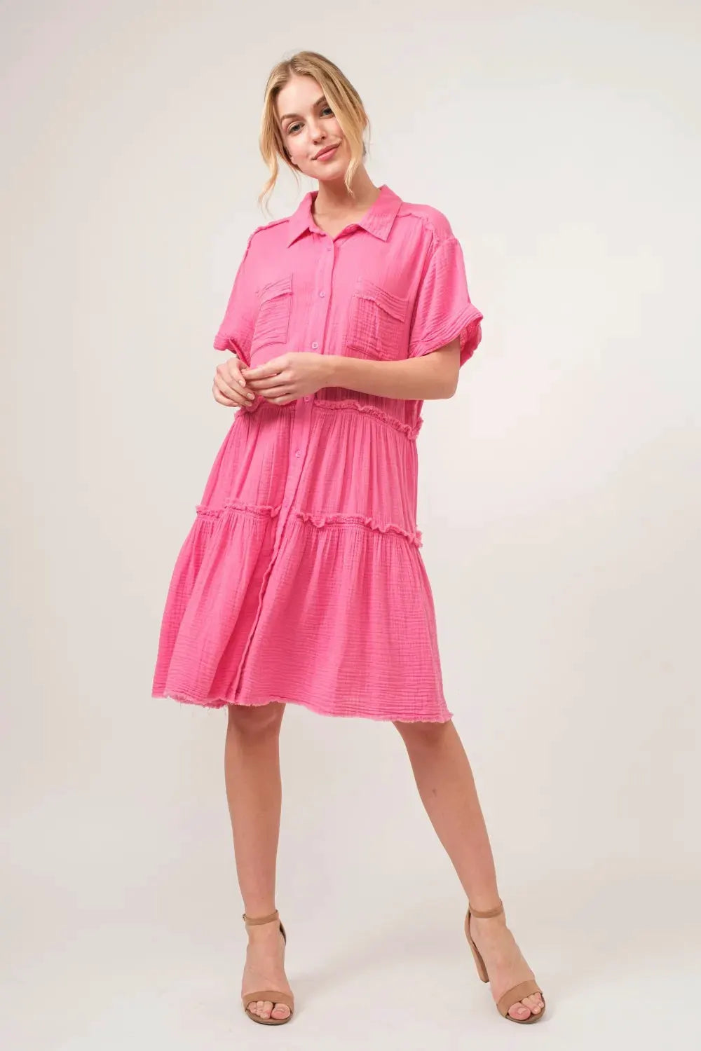 And The Why Full Size Raw Edge Washed Tiered Shirt Dress by And The Why