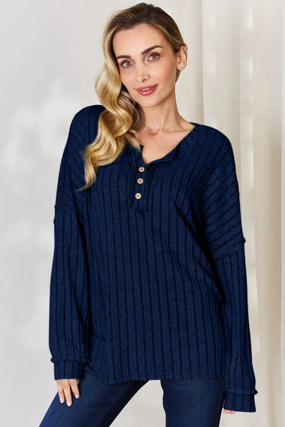 Basic Bae Full Size Ribbed Half Button Long Sleeve T‑Shirt | Partner Labels Selection by Partner Label
