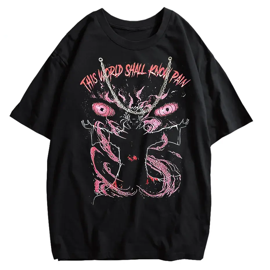 Anime Pain Print Vintage Washed T-Shirt 100% Cotton Harajuku Streetwear by Vimost Shop