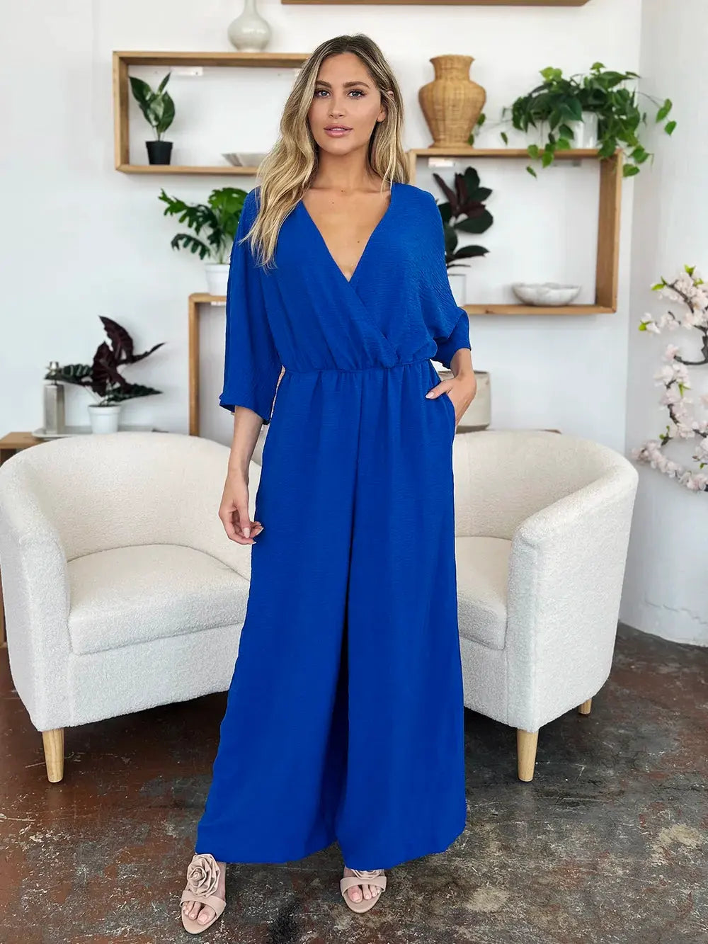 Double Take Full Size Surplice Wide Leg Jumpsuit with Pockets by Double Take