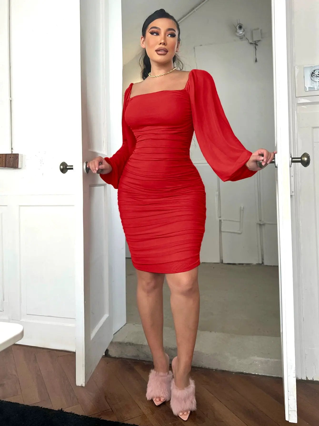 Zip-Back Ruched Bodycon Dress by Partner Label
