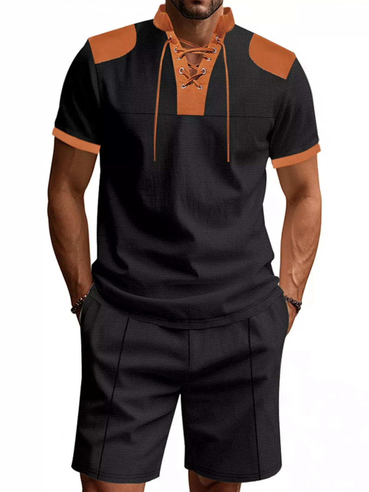 Men's Full Size Lace-Up Collar Casual Top and Shorts Set Plus Size by Trendsi