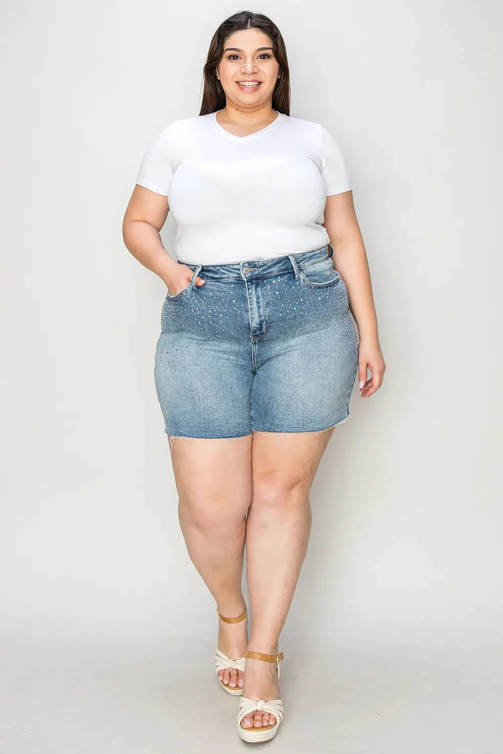 Judy Blue Full Size High Waist Rhinestone Decor Denim Shorts by Judy Blue