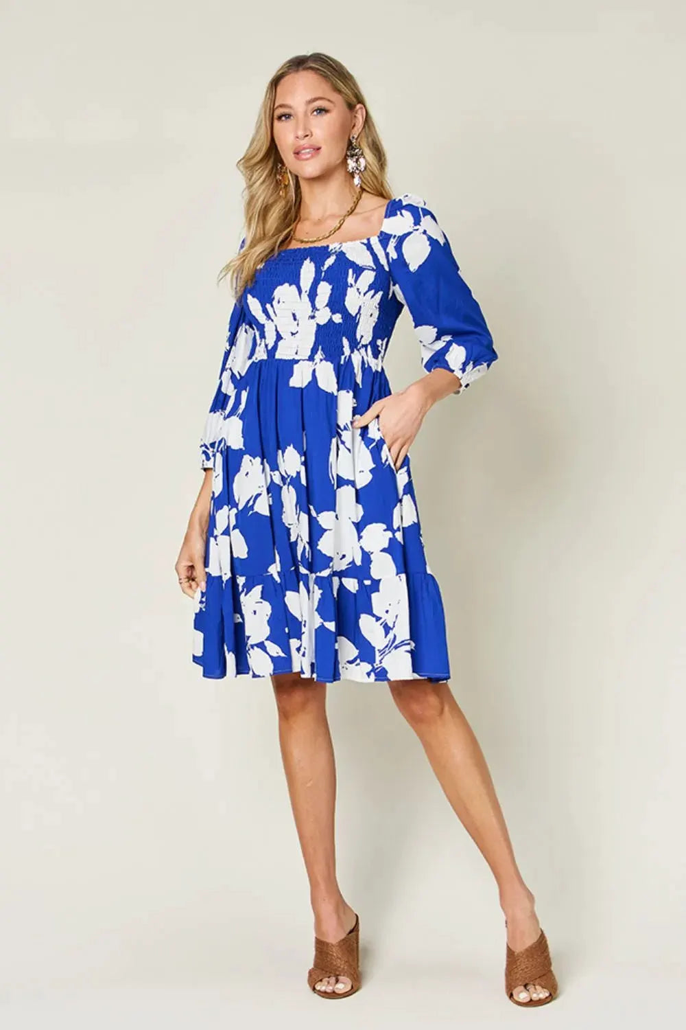 Double Take Full Size Floral Ruffle Hem Smocked Dress with Pockets by Double Take