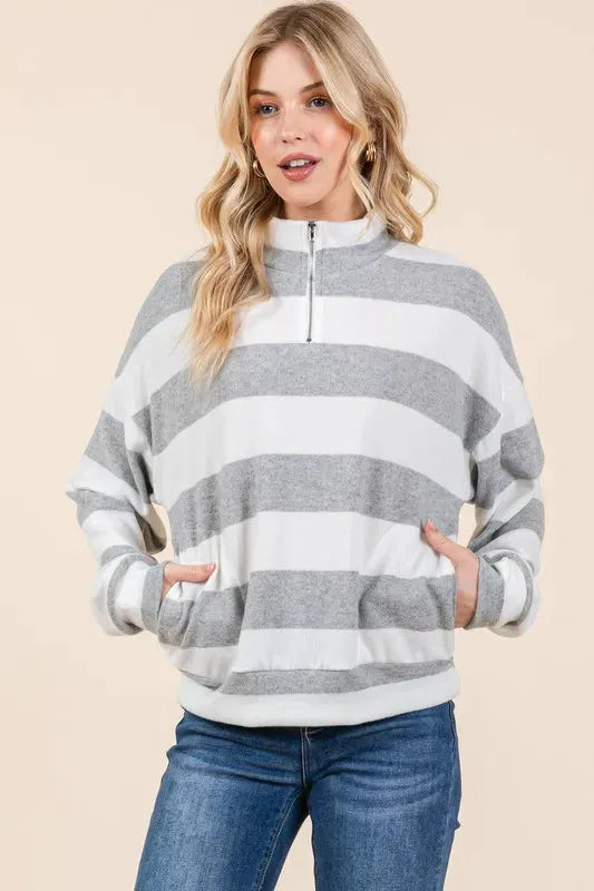 BOMBOM Striped Quarter Zip Drop Shoulder Sweatshirt by BOMBOM