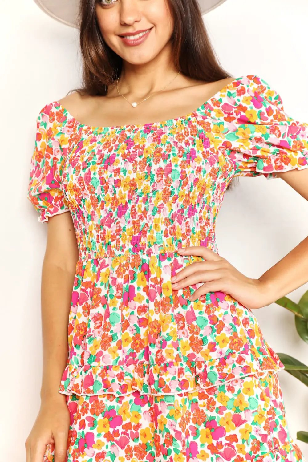 Devine Smocked Sweetheart Neck Flounce Sleeve Mini Dress by Double Take