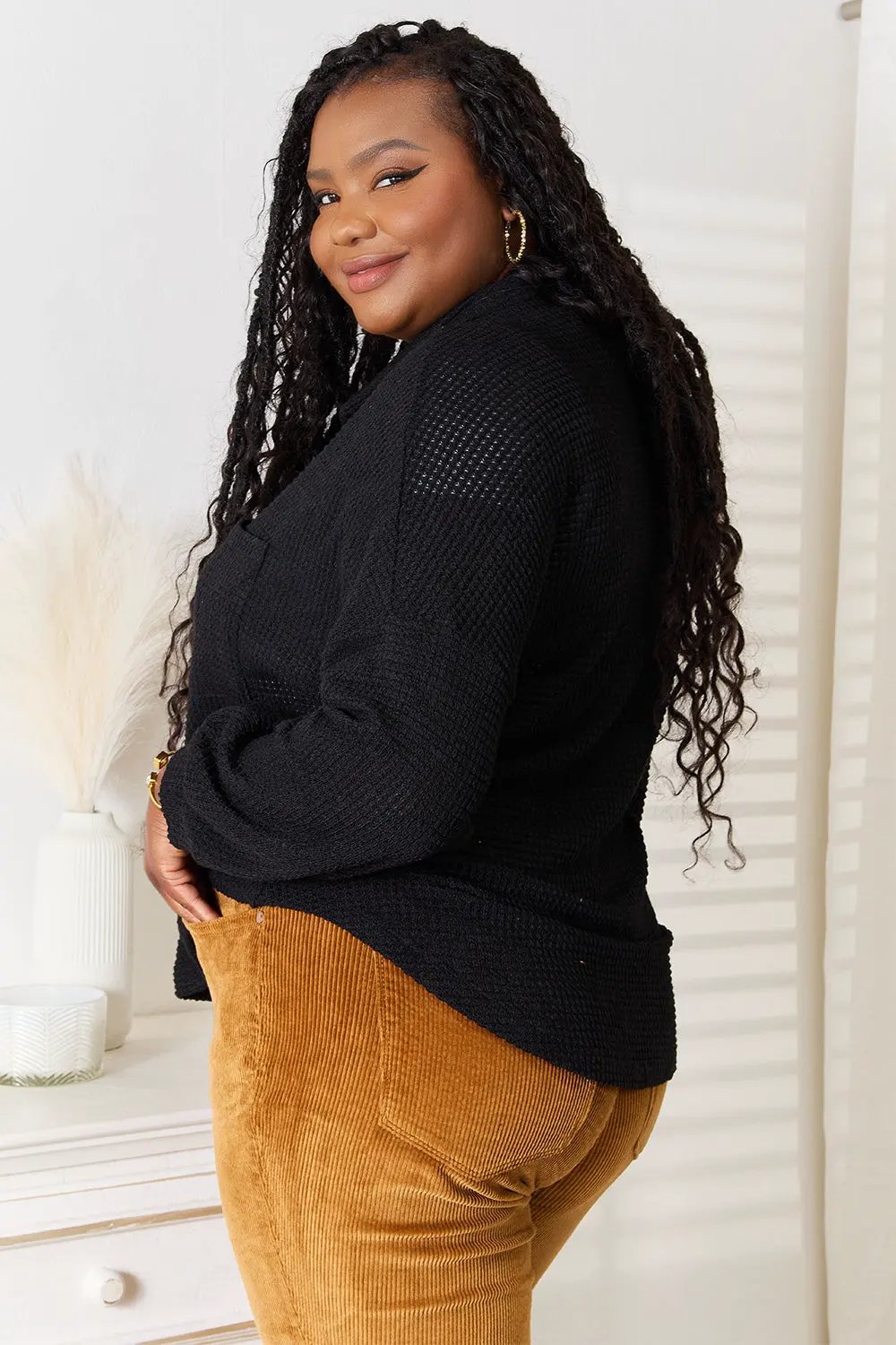 Double Take Waffle-Knit Collared Neck Dropped Shoulder Shirt by Double Take