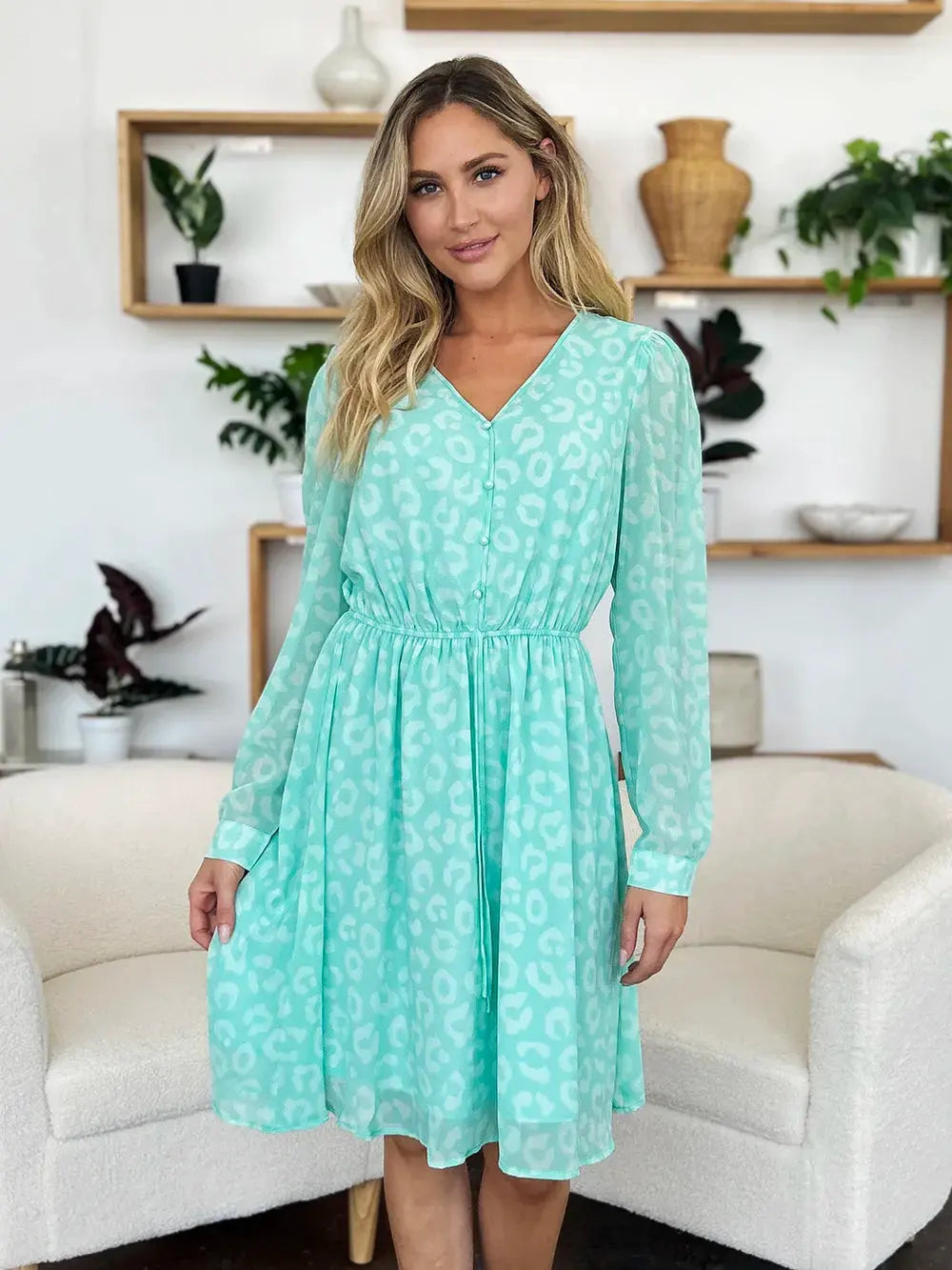 Double Take Full Size Printed Ruched V-Neck Long Sleeve Dress by Double Take