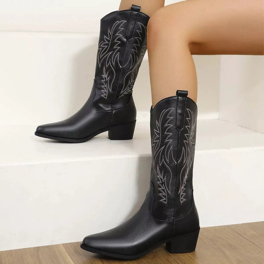 Embroidered Point Toe Block Heels Boots by Partner Label