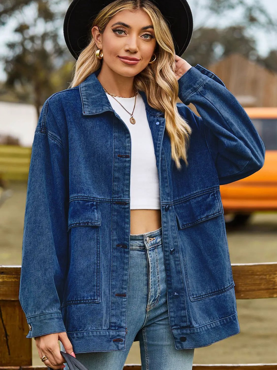 Dropped Shoulder Denim Jacket with Pockets by Partner Label