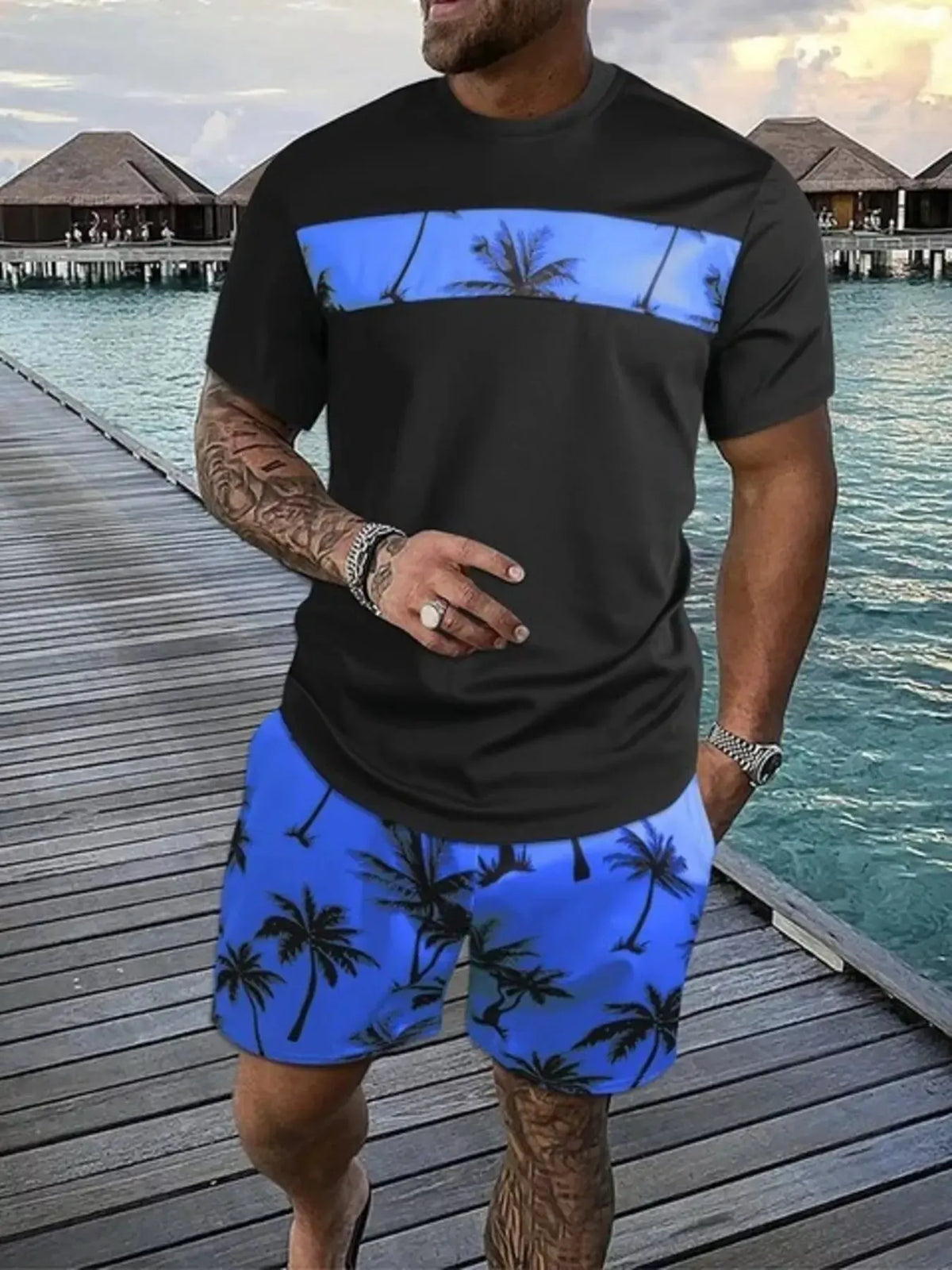 Men's Full Size Tropical Palm Tree Tee and Shorts Set Plus Size by Partner Label