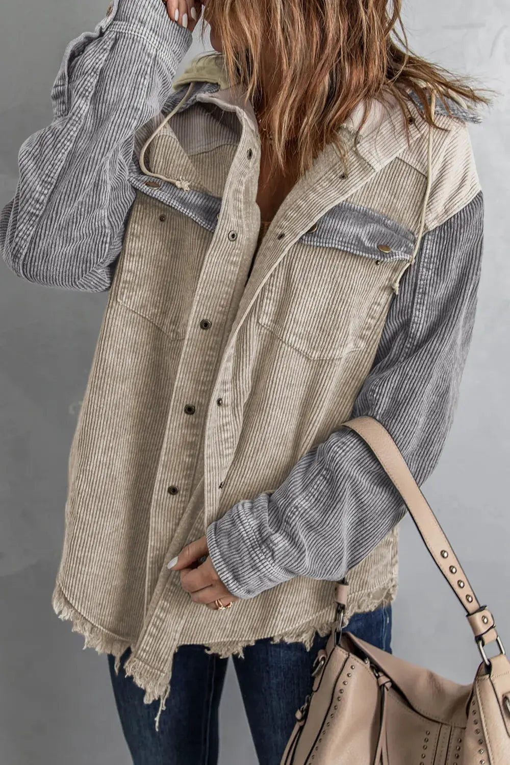 Snap Front Hooded Corduroy Shacket by Partner Label