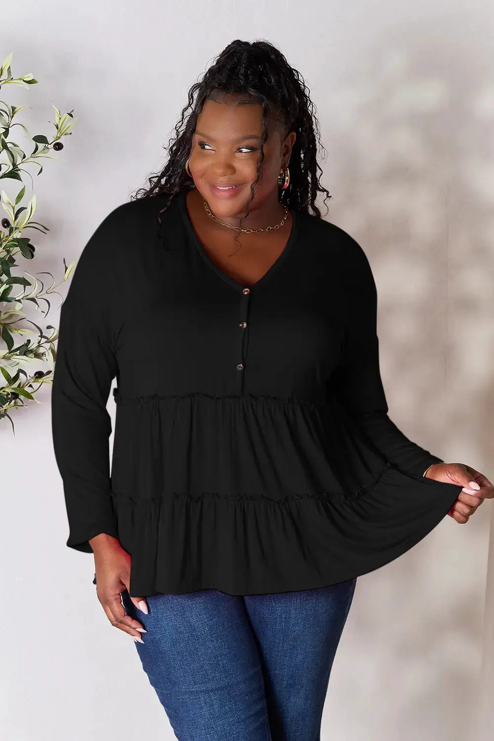 Double Take Half Button Long Sleeve Ruffle Hem Blouse by Double Take