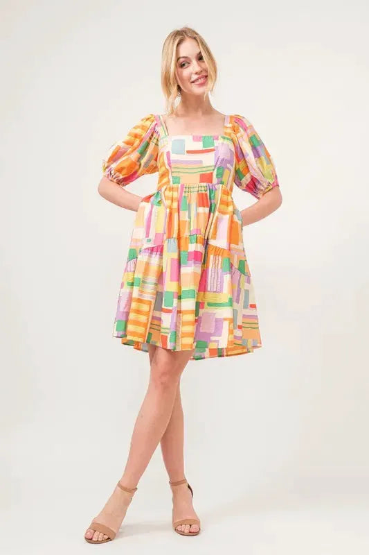 And The Why Square Neck Puff Sleeve Geo Printed Mini Dress by And The Why