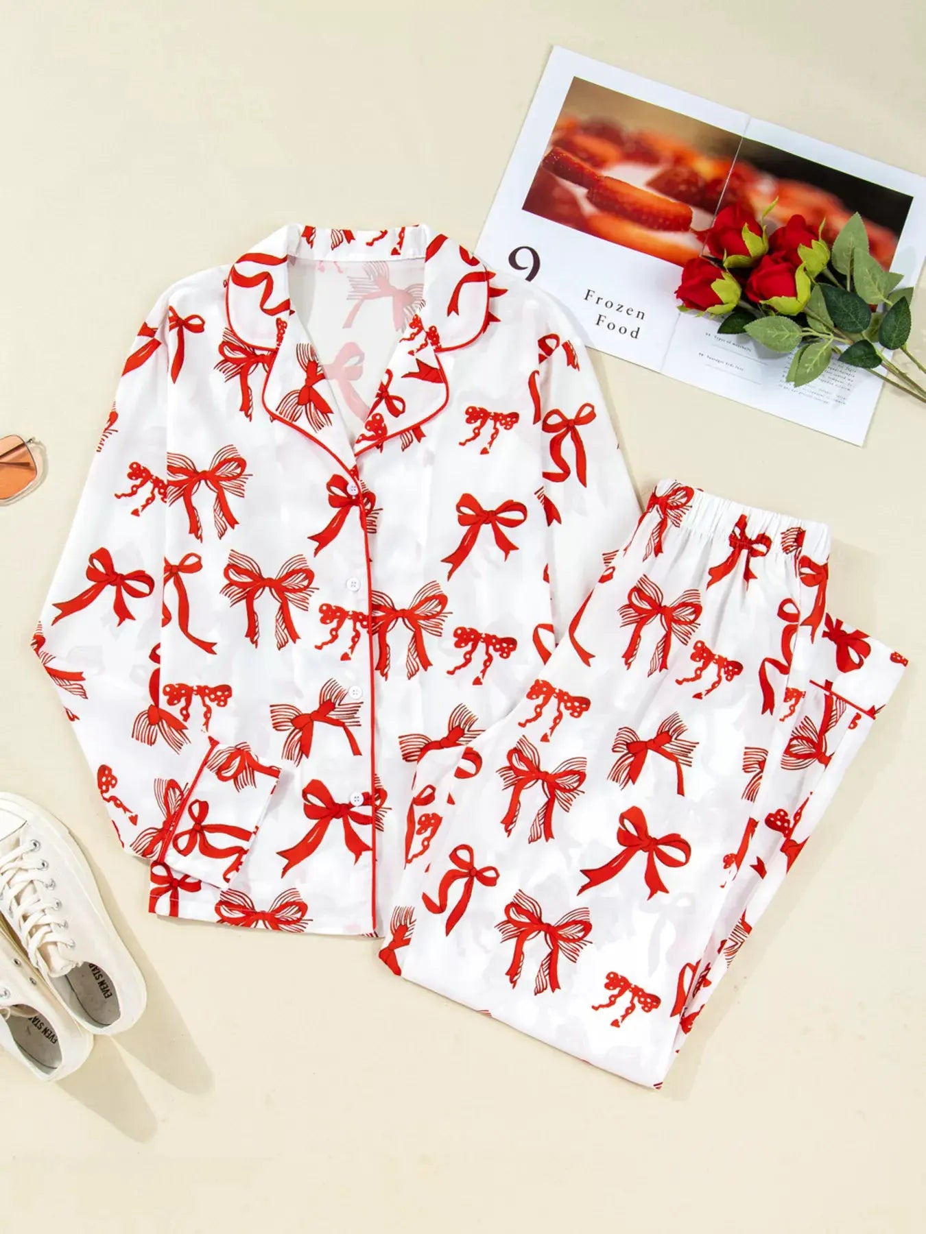 Christmas Bow Print Top and Pants 2pcs Pajama Set by Partner Label