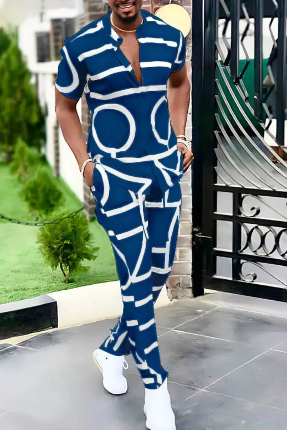 Men's Full Size Geo Print Short Sleeve Top and Pants Set Plus Size by Trendsi