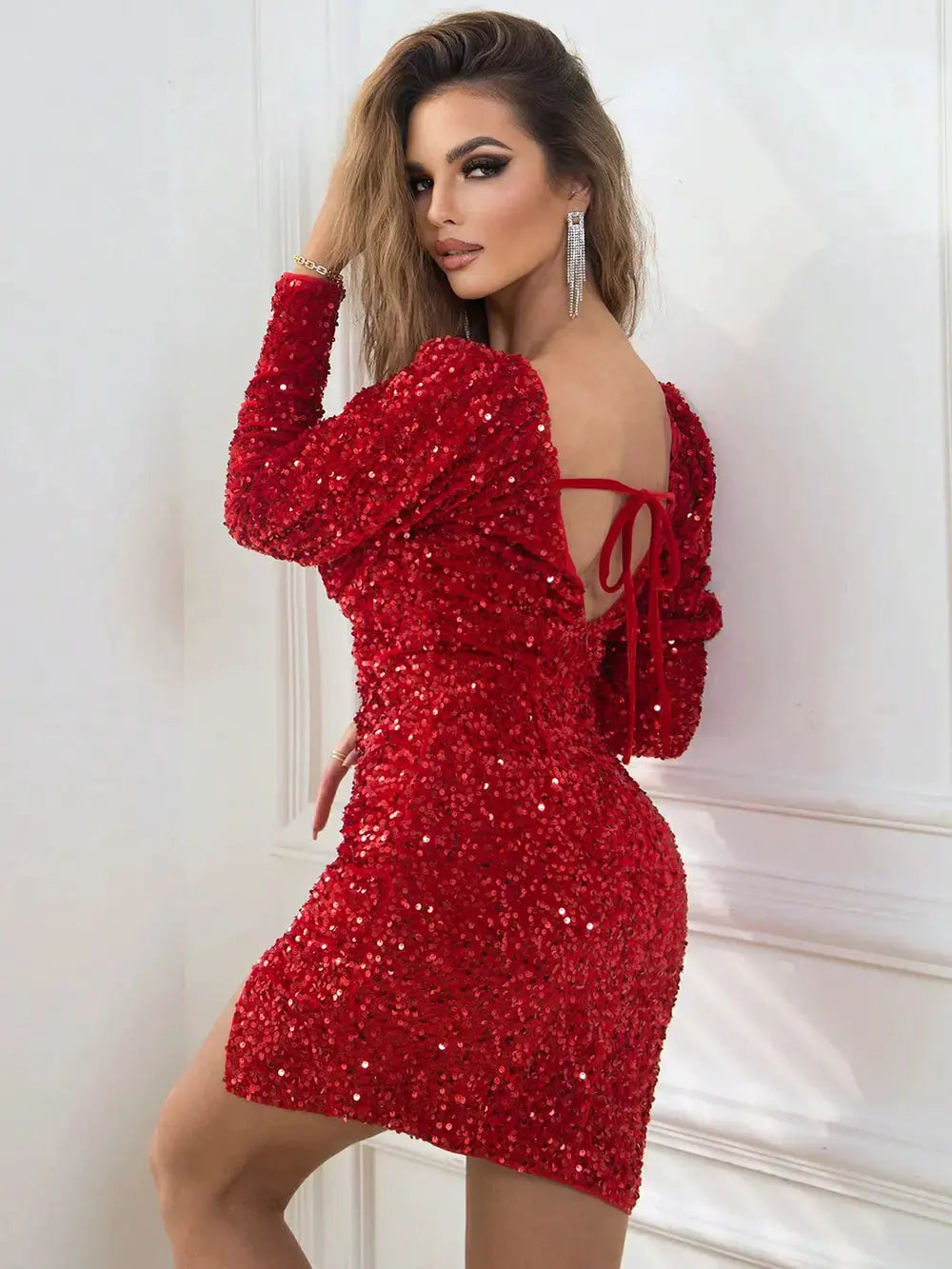 Sequin Sweetheart Neck Tie Back Long Sleeve Slit Dress by Partner Label