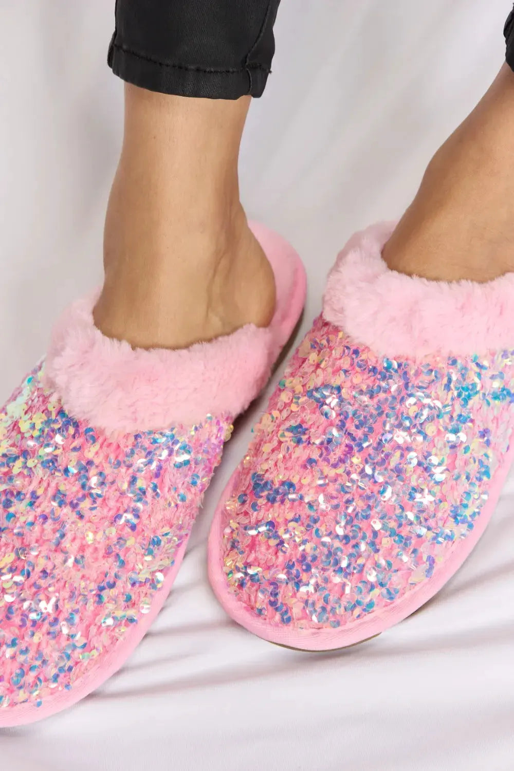 Forever Link Sequin Plush Round Toe Slippers by Forever Link