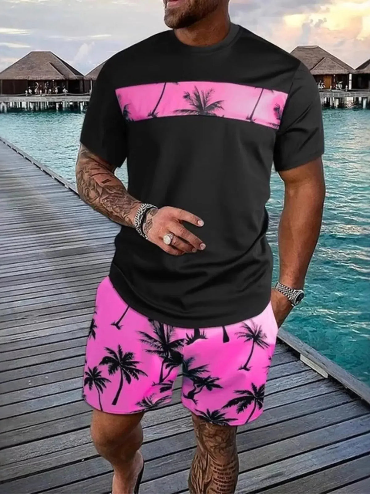 Men's Full Size Tropical Palm Tree Tee and Shorts Set Plus Size by Partner Label