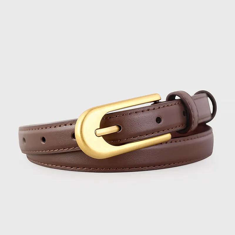Gold Buckle Skinny Leather Belt by Trendsi