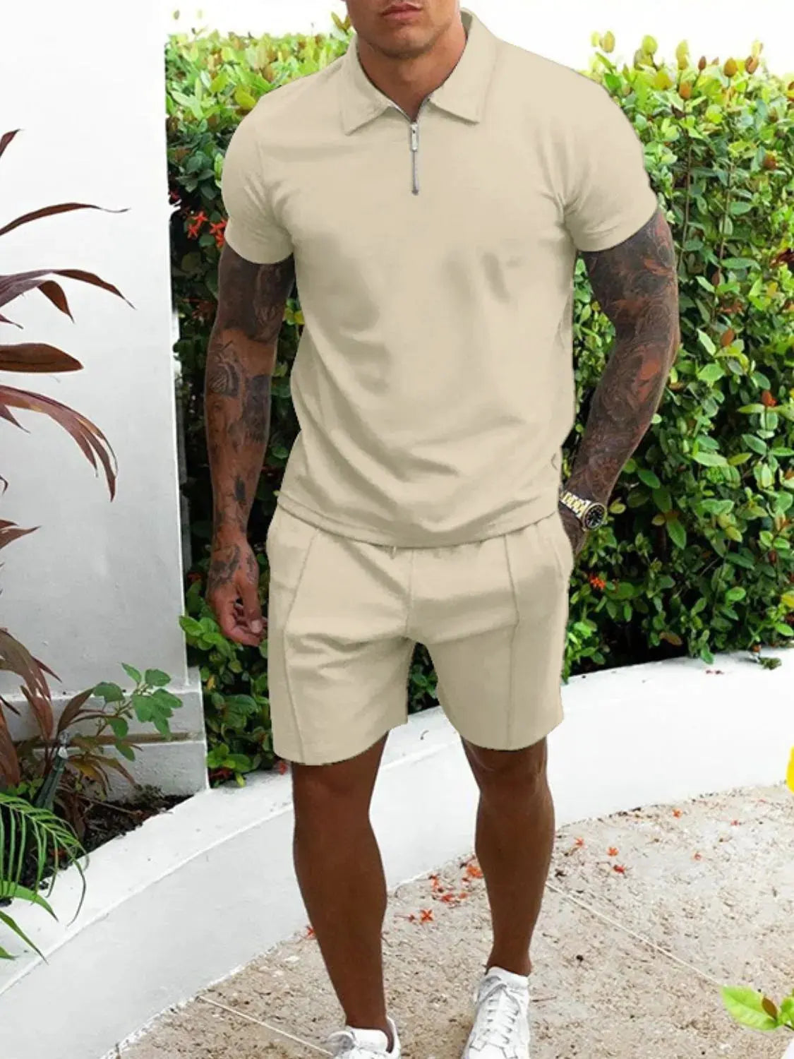 Men's Full Size Collared Neck Short Sleeve Top and Shorts Set Plus Size by Trendsi