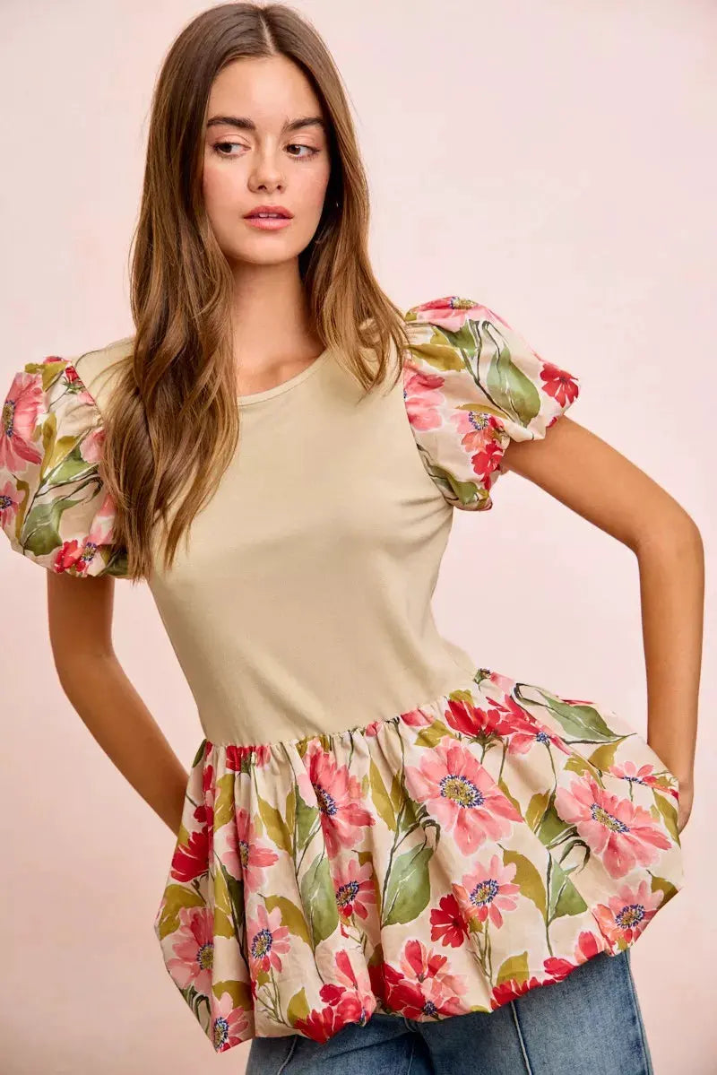 BiBi Floral Printed Bubble Sleeves and Hem Peplum Top by BiBi