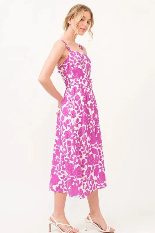 And The Why Square Neck Belted Floral Printed Midi Dress by And The Why