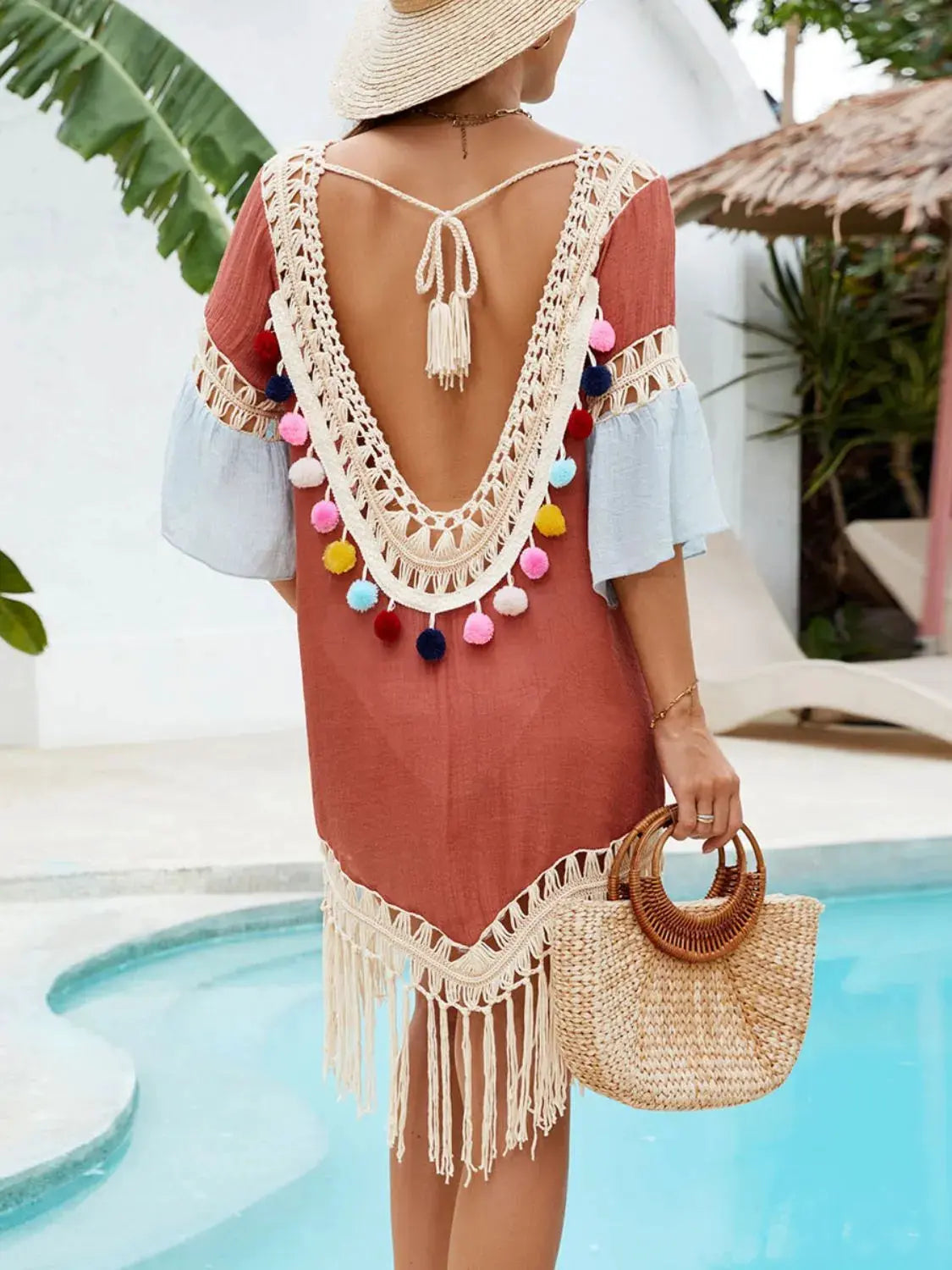Backless Tassel Hem V-Neck Cover-Up by Partner Labels